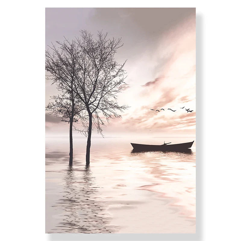 Tranquil Lake Pier Sunset Landscape Canvas Wall Art