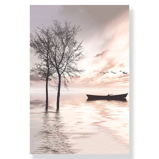 Tranquil Lake Pier Sunset Landscape Canvas Wall Art