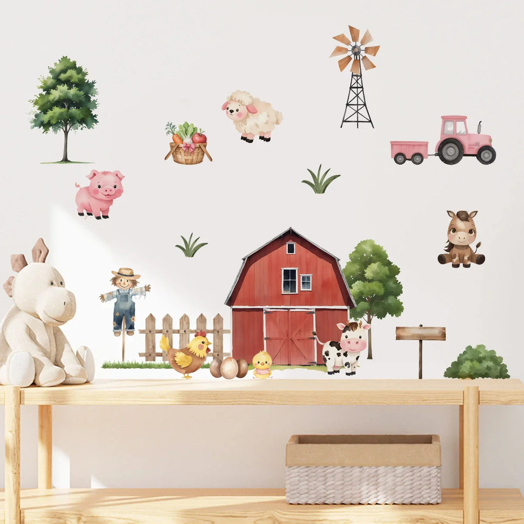 Pink Tractor And Farm Friends Wall Decals For Kids Room