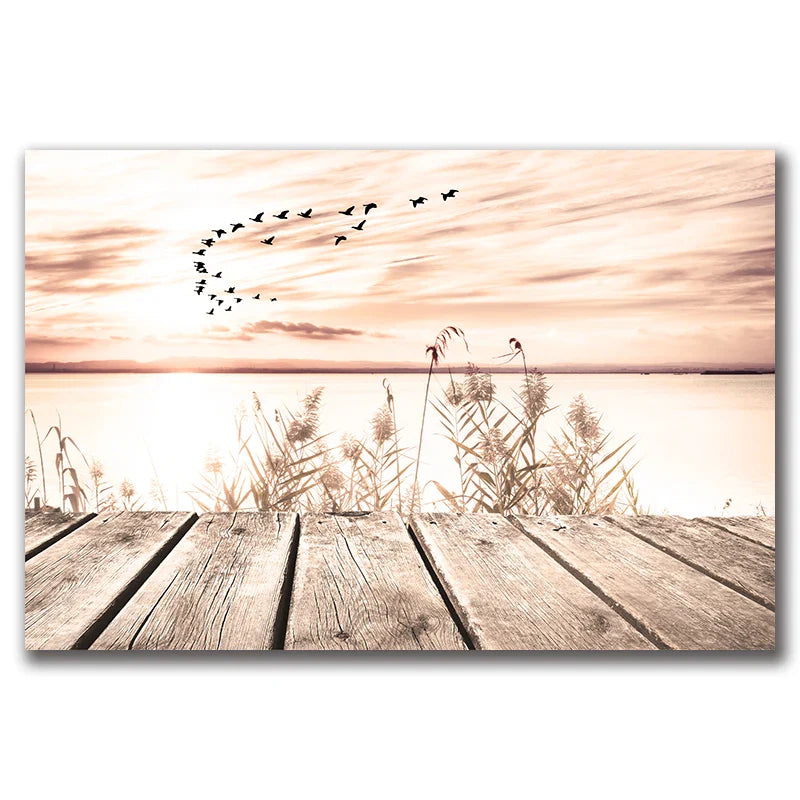 Tranquil Lake Pier Sunset Landscape Canvas Wall Art