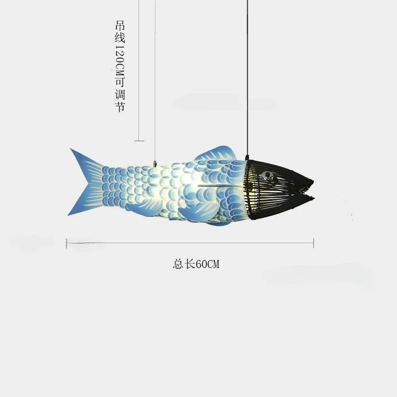Modern Wooden Big Fish Pendant Light with Bamboo Design