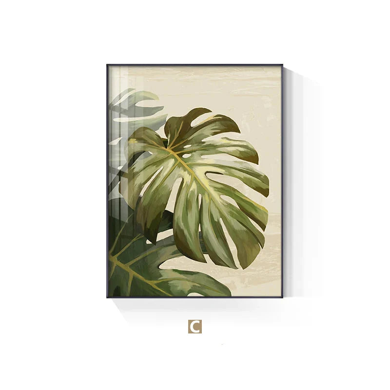 Modern Botanical Green Leaves Canvas Wall Art Unframed
