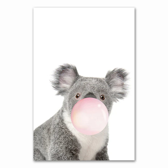 Baby Animals Pink Bubble Gum Nursery Canvas Wall Art