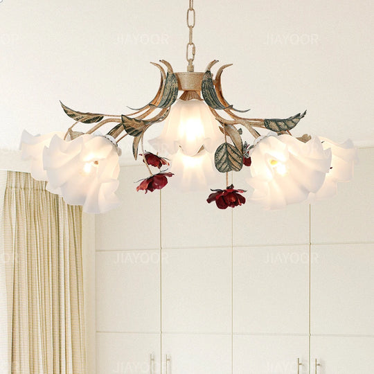 French Retro Flower Glass Chandelier for Bedroom & Living Room