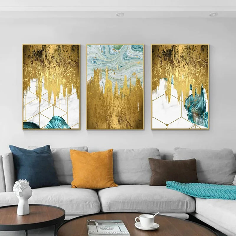 Abstract Liquid Golden Aqua Marble Canvas Wall Art Unframed