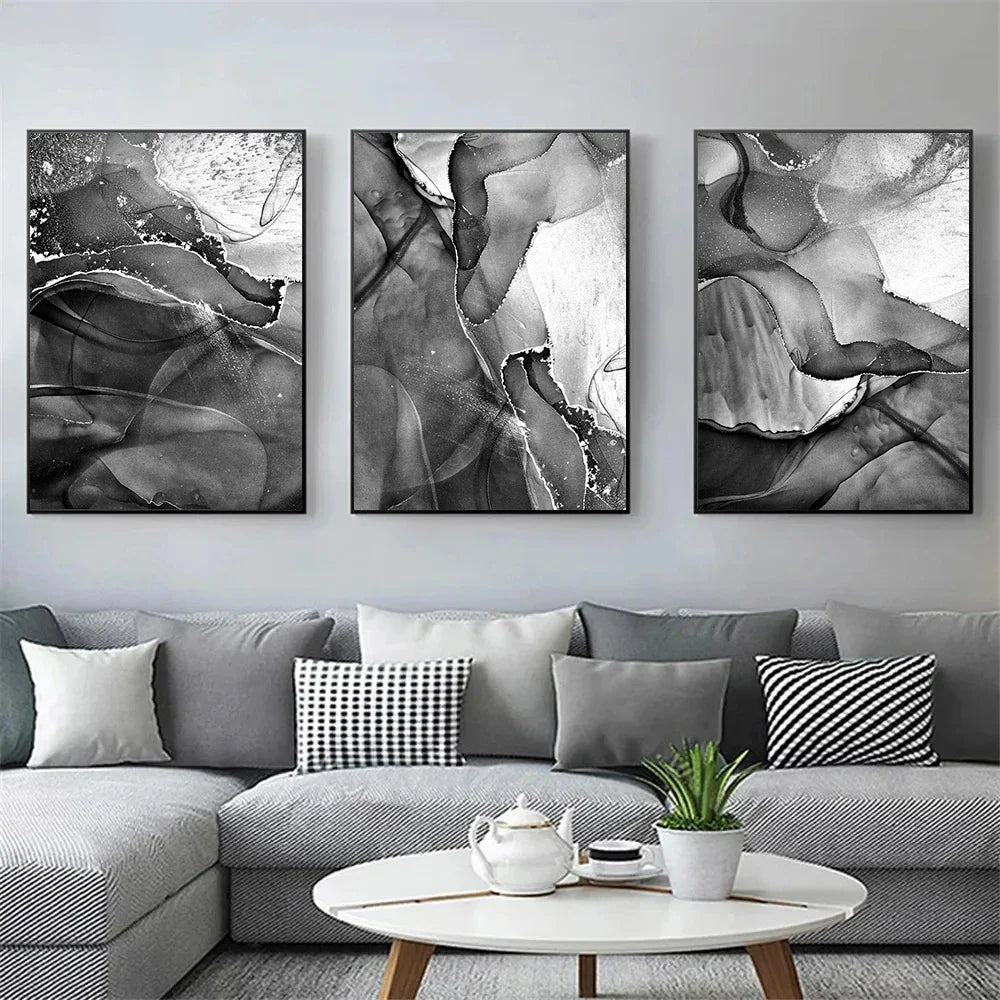 Black White Gray Liquid Marble Abstract Canvas Wall Art Set of 3