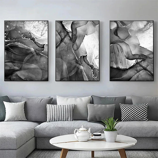 Black White Gray Liquid Marble Abstract Canvas Wall Art Set of 3