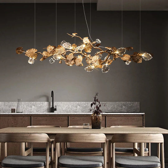 Luxury Copper Branch Chandelier with Leaf Crystal Pendant Lights