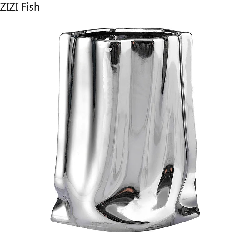 Pleated Texture Gold Plated Ceramic Vase for Desk and Home Decor