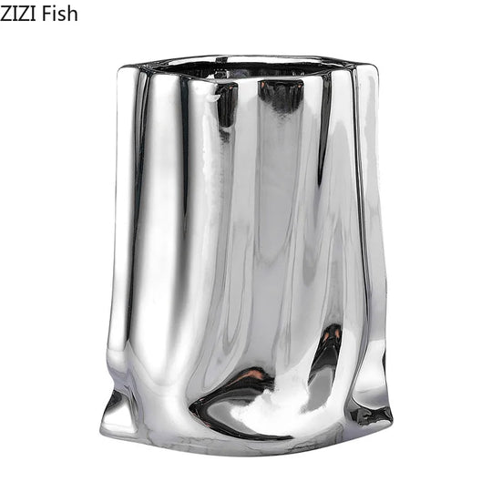 Pleated Texture Gold Plated Ceramic Vase for Desk and Home Decor