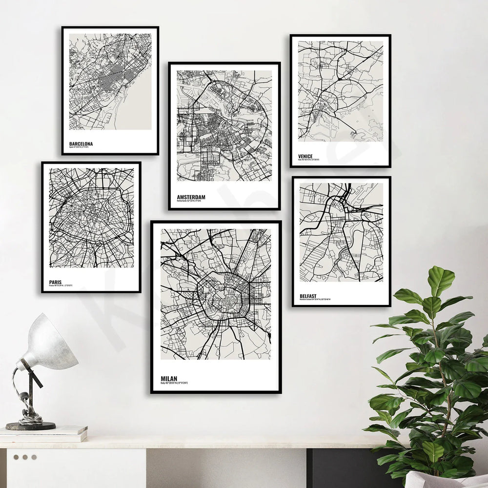 Minimalist Black White City Map Wall Art Canvas Print