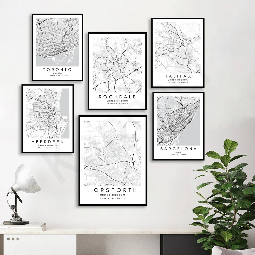 Minimalist Black White City Map Wall Art Canvas Print