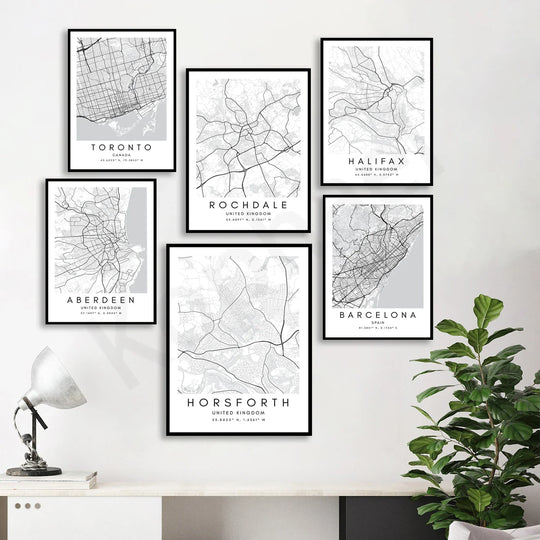 Minimalist Black White City Map Wall Art Canvas Print