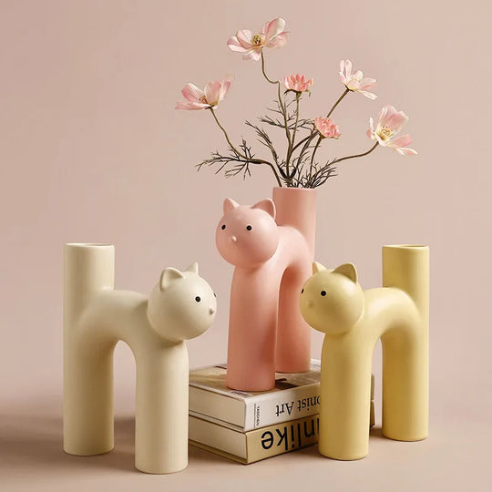 Cute Cat Head Ceramic Vase H Shape Tube Design