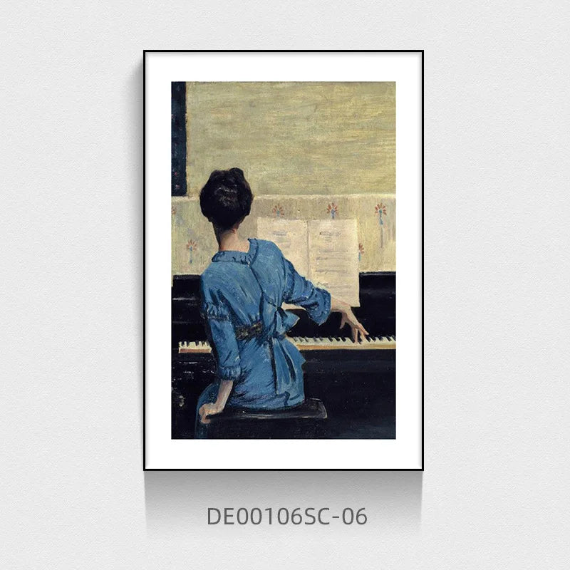 Vintage Style Woman Playing Piano Canvas Wall Art Unframed