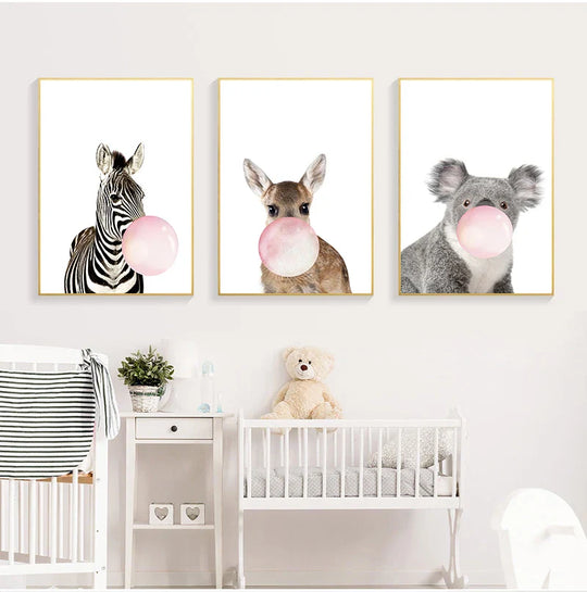Baby Animals Pink Bubble Gum Nursery Canvas Wall Art