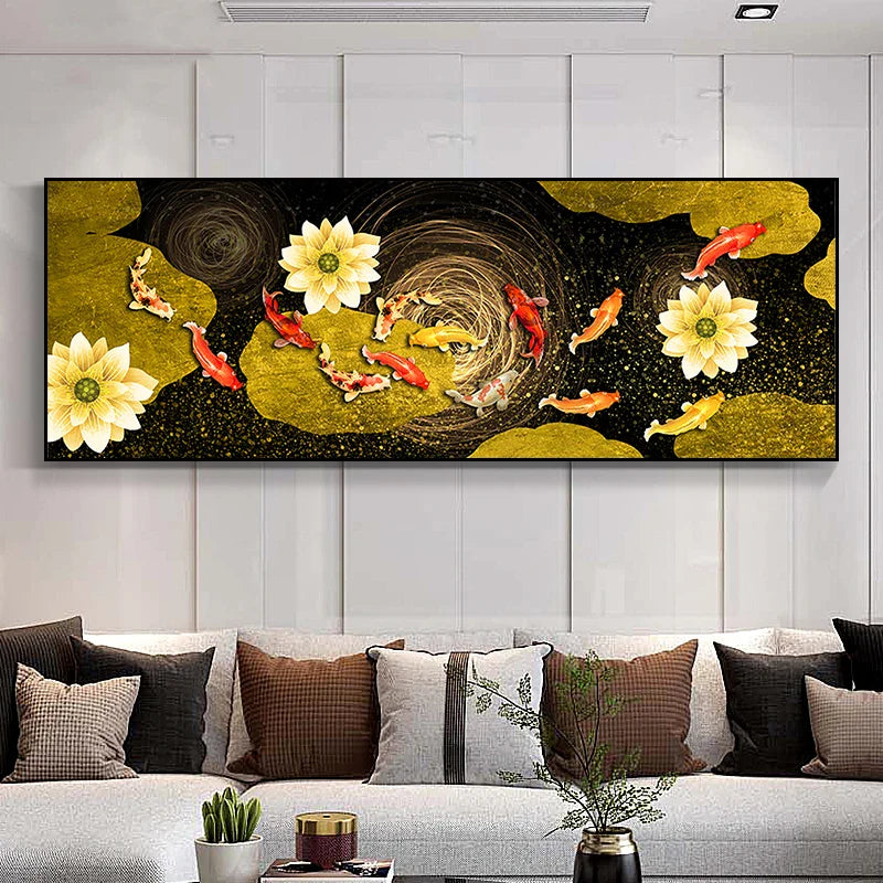 Abstract Golden Fish Wide Format Canvas Wall Art