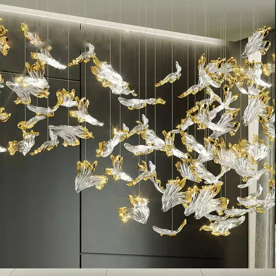 Modern Glass Leaf Pendant Chandelier – Clear & Gold Suspension Light