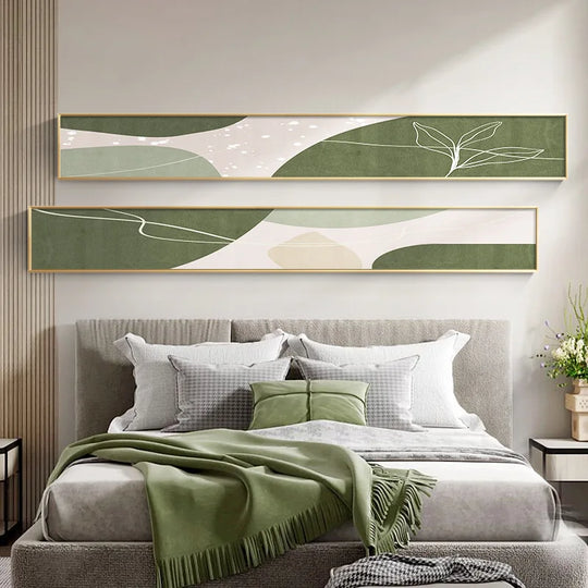 Slim Wide Format Green Beige Abstract Canvas Wall Art