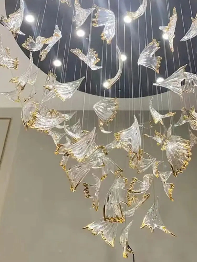 Modern Glass Leaf Pendant Chandelier – Clear & Gold Suspension Light