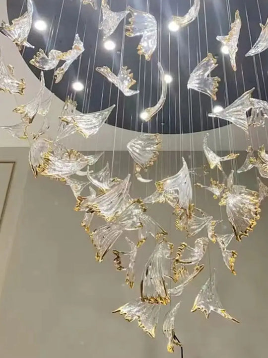 Modern Glass Leaf Pendant Chandelier – Clear & Gold Suspension Light
