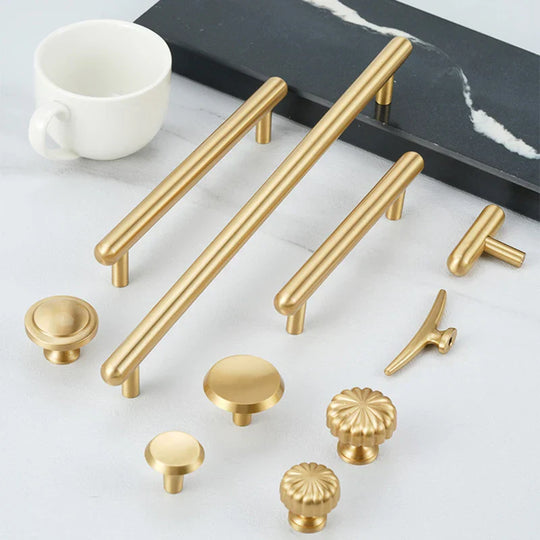 Satin Gold Brass Wardrobe Handles – Modern Pulls and Knobs for Furniture (50–260mm)