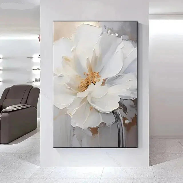 Big White Floral Canvas Wall Art Modern Botanical Decor