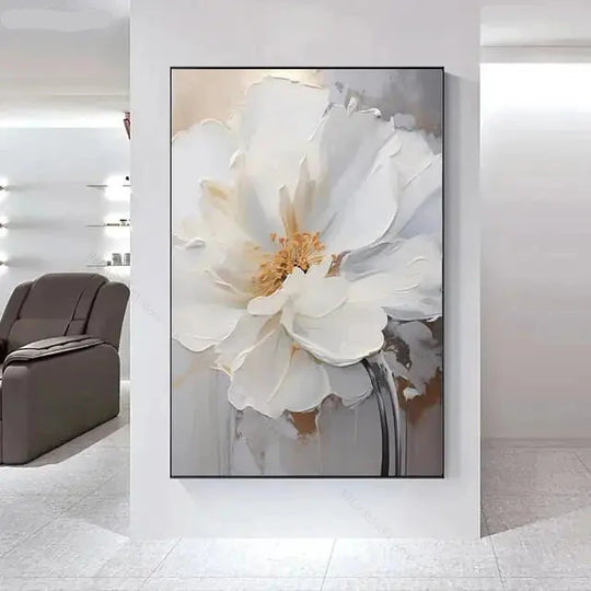 Big White Floral Canvas Wall Art Modern Botanical Decor