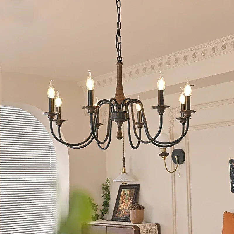 Nordic Retro Solid Wood & Wrought Iron Candle Chandelier – Art Deco Pendant Light