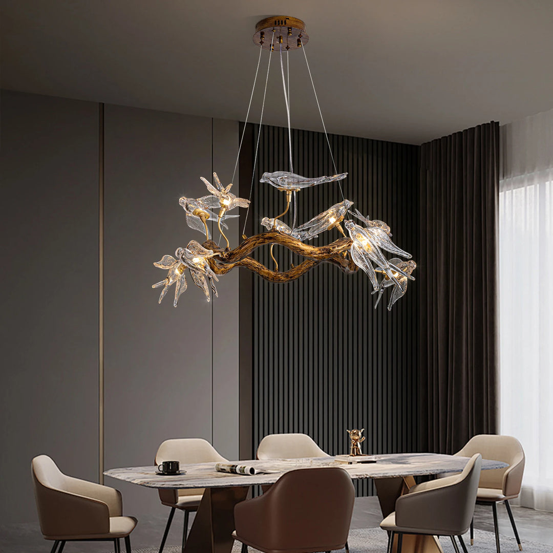 Vintage Round Glass Bird Branch Chandelier for Dining & Living Rooms