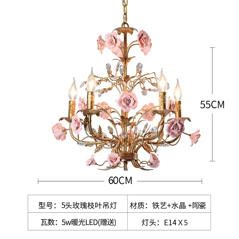 French Retro Pastoral Rose Ceiling Chandelier – Candle Style Lighting