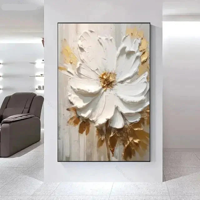 Big White Floral Canvas Wall Art Modern Botanical Decor