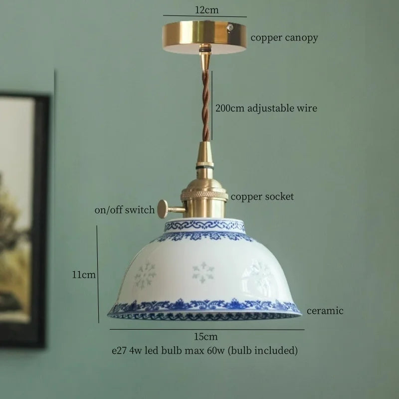 Patterned Ceramic Pendant Lamp with Vintage Copper Finish