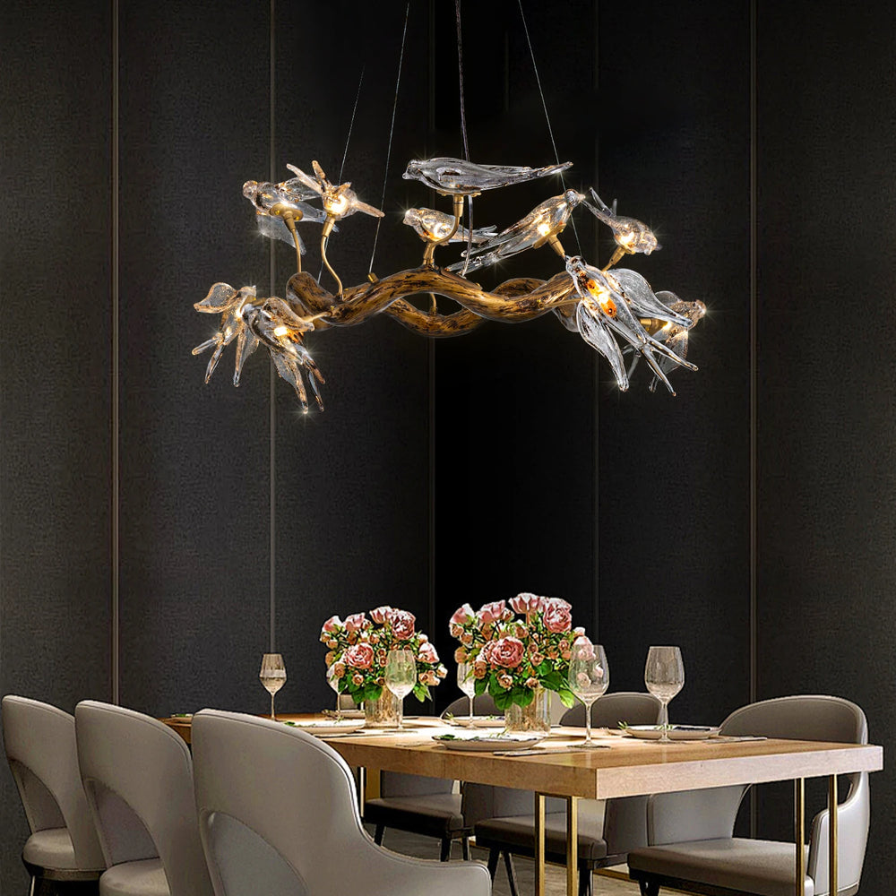 Vintage Round Glass Bird Branch Chandelier for Dining & Living Rooms