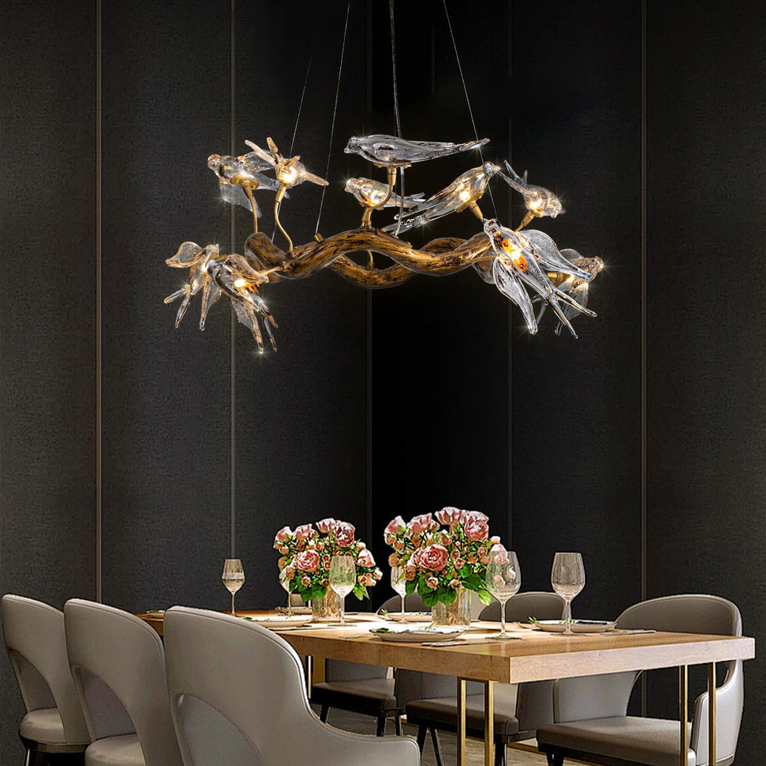 Vintage Round Glass Bird Branch Chandelier for Dining & Living Rooms