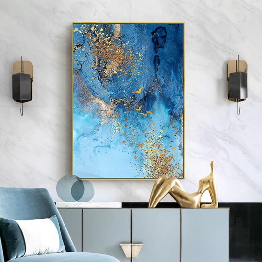 Golden Blue Sea Abstract Marble Canvas Wall Art Unframed