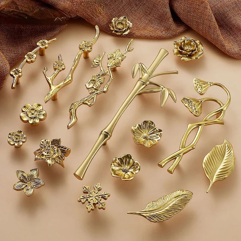 Luxury Brass Flower and Leaf Cabinet Handles – Chinese-Style Decorative Pulls