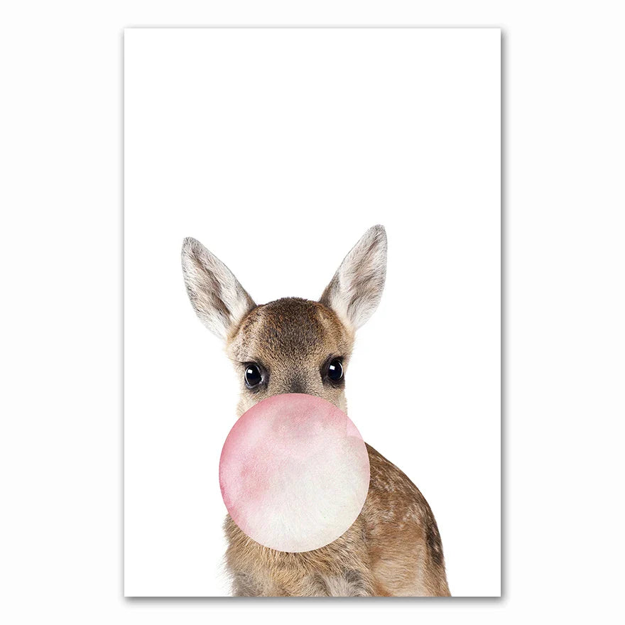 Baby Animals Pink Bubble Gum Nursery Canvas Wall Art