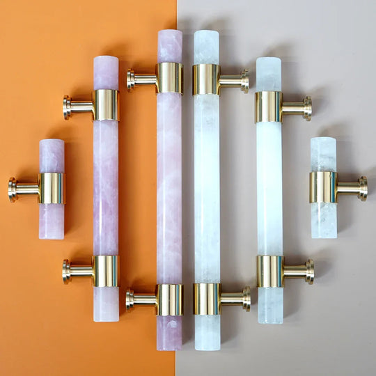 Natural Marble and Crystal T-Bar Cabinet Handles – Modern Brass Knobs and Pulls