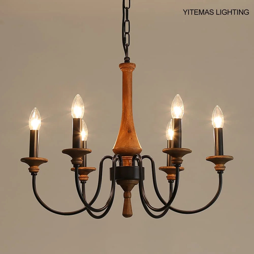 French Vintage Wooden Chandelier – Multi-Light Pendant for Living & Dining Rooms