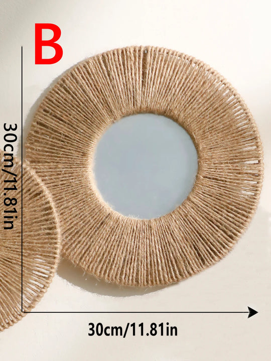 Round Hanging Wall Mirror with Woven Hemp Rope Decor