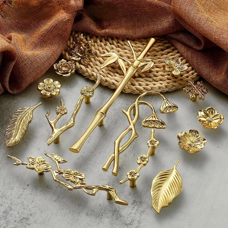 Luxury Brass Flower and Leaf Cabinet Handles – Chinese-Style Decorative Pulls