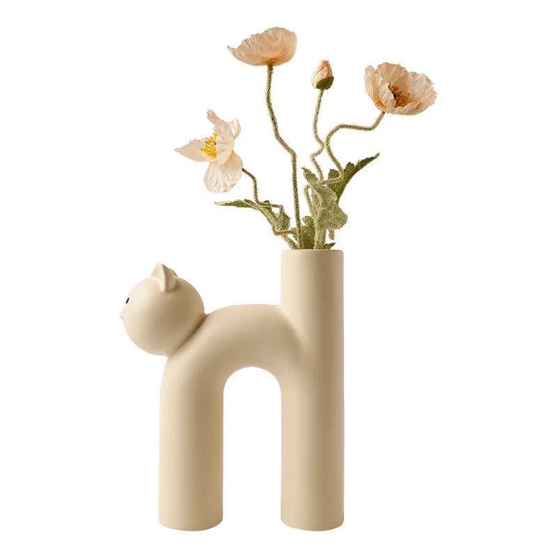 Cute Cat Head Ceramic Vase H Shape Tube Design