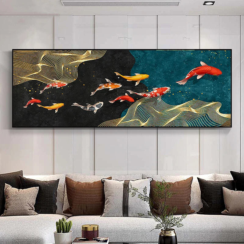 Abstract Golden Fish Wide Format Canvas Wall Art