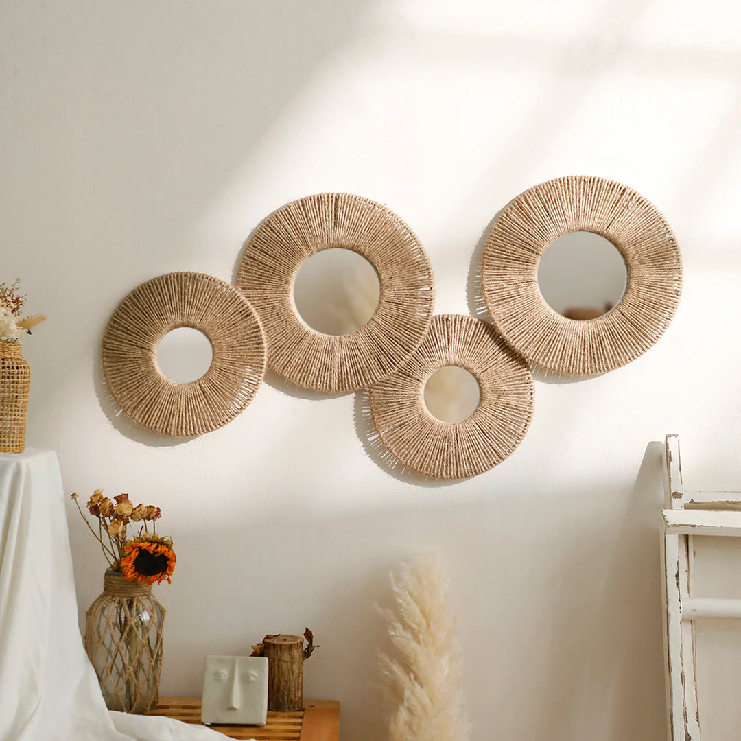 Round Hanging Wall Mirror with Woven Hemp Rope Decor