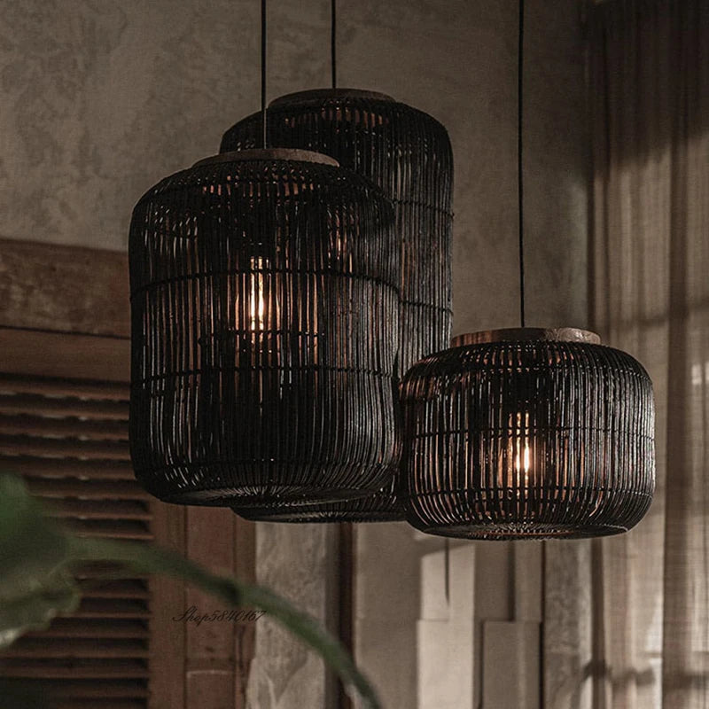 Wabi Sabi Rattan Pendant Light Handwoven Hemp Rope Ceiling Lamp
