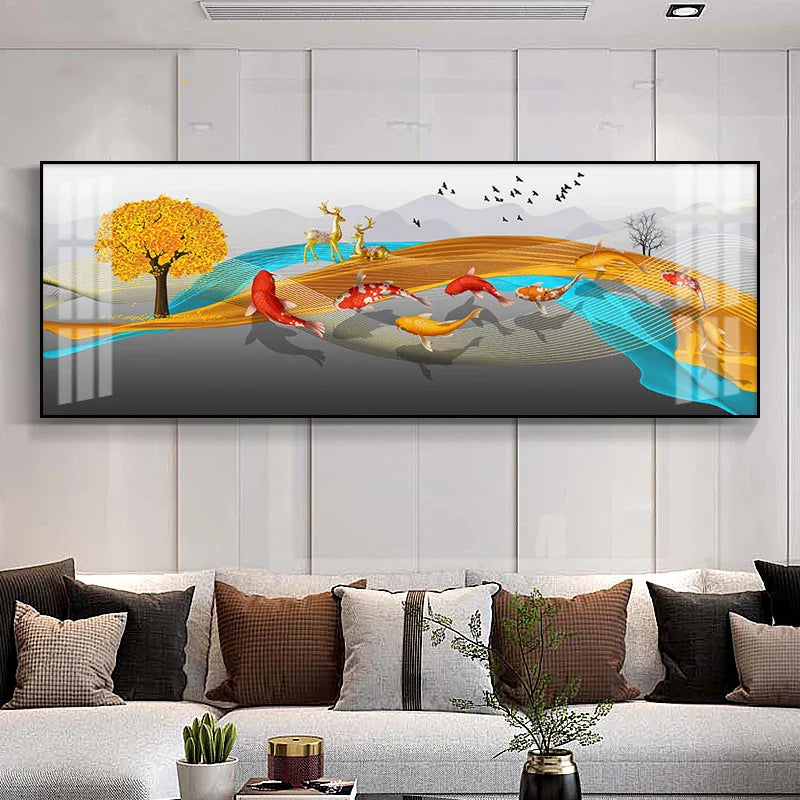 Abstract Golden Fish Wide Format Canvas Wall Art