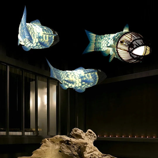 Modern Wooden Big Fish Pendant Light with Bamboo Design