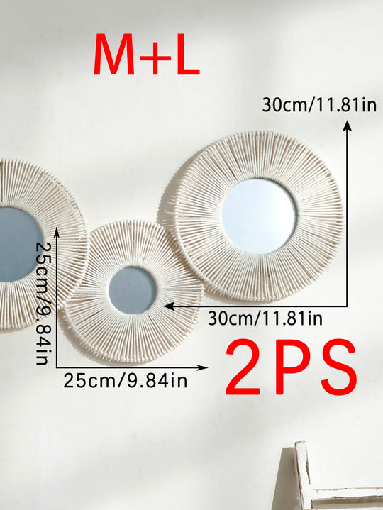 Round Hanging Wall Mirror with Woven Hemp Rope Decor
