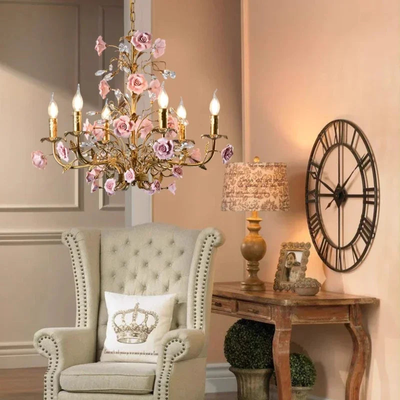 French Retro Pastoral Rose Ceiling Chandelier – Candle Style Lighting